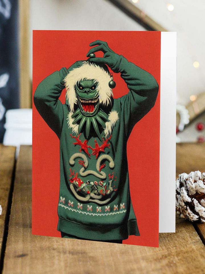 Retro Swamp Creature Ugly Sweater Christmas Cards Pack of 10 • 5×7 product image (1)