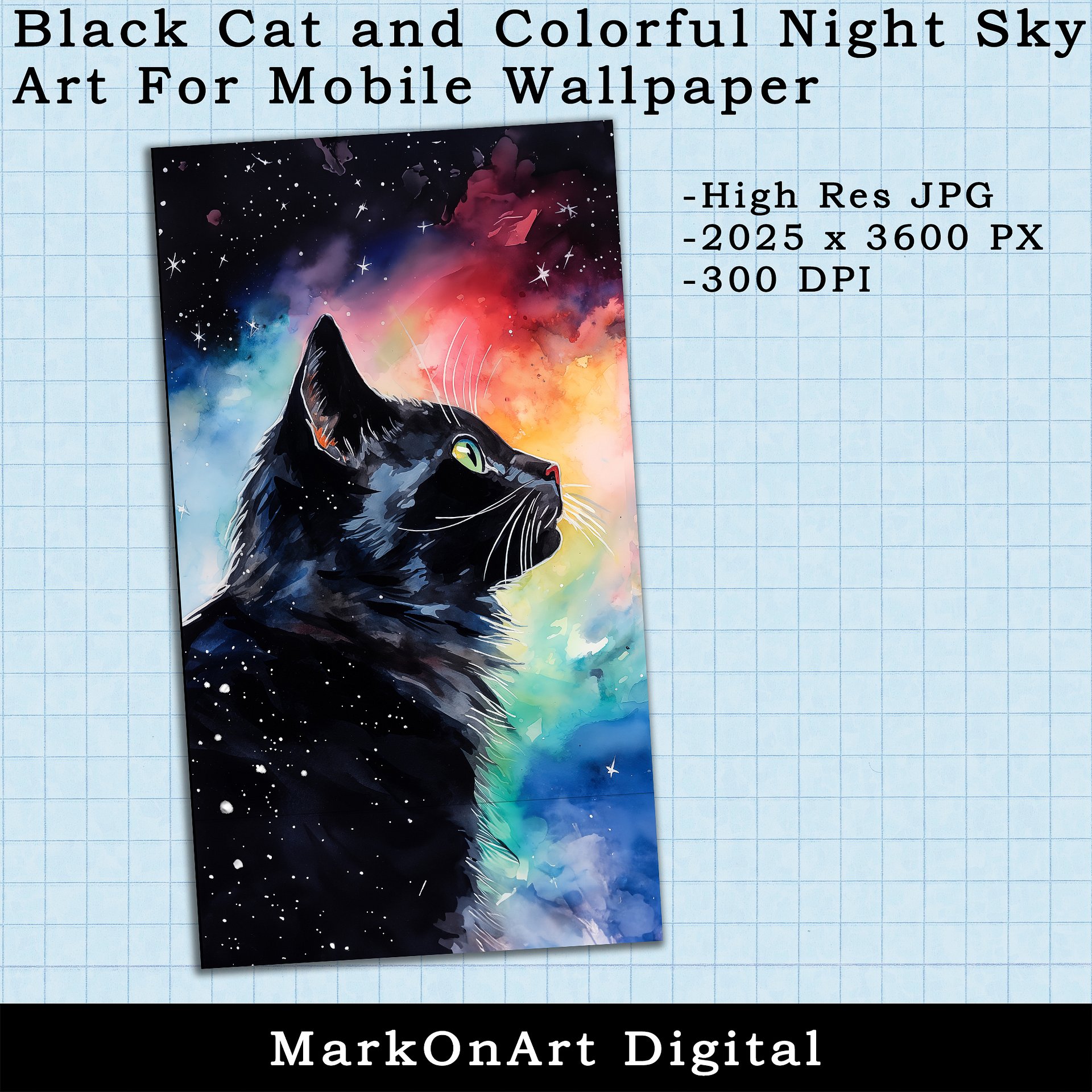 Black Cat and Colorful Night Sky Art For Mobile Phone Wallpaper or Lock Screen | High Res for iPhone or Android Cellphones product image (2)