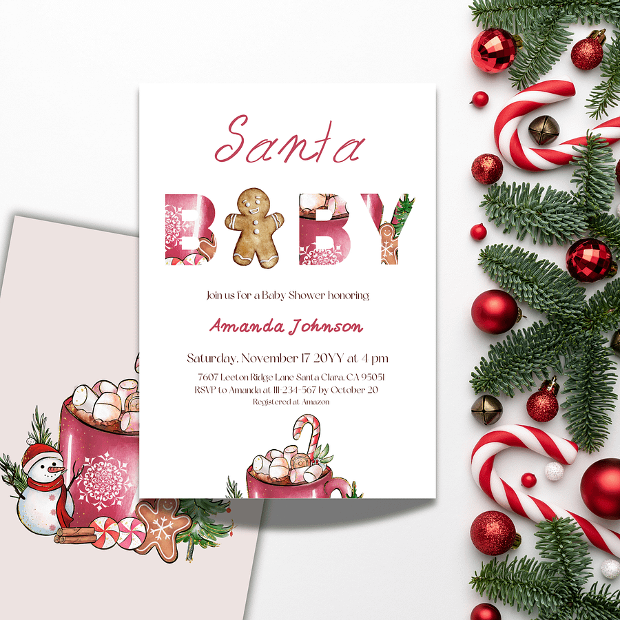 Santa Baby Shower Invitation for Christmas Gingerbread Man Themed Party, Digital Download Winter Invite Canva Template product image (3)