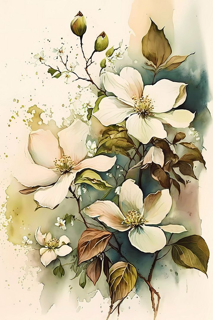 Vintage Watercolor White Flowers Poster: Tranquil Botanical Art for Elegant Home Interiors Matte Poster product image (1)