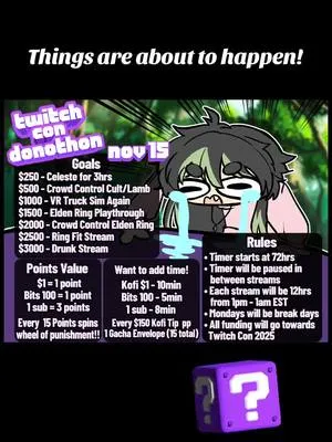 I am happy to announce that in 3 weeks I will be bringing out that limitless timer in order to raise funding for all things TwitchCon 2025! Starting Friday Nov 15, 2024 @ 1PM EST and ending... who knows!!!! With many goals and wheels of punishment for you to mess with me! #vtuber #subathon #streamer 