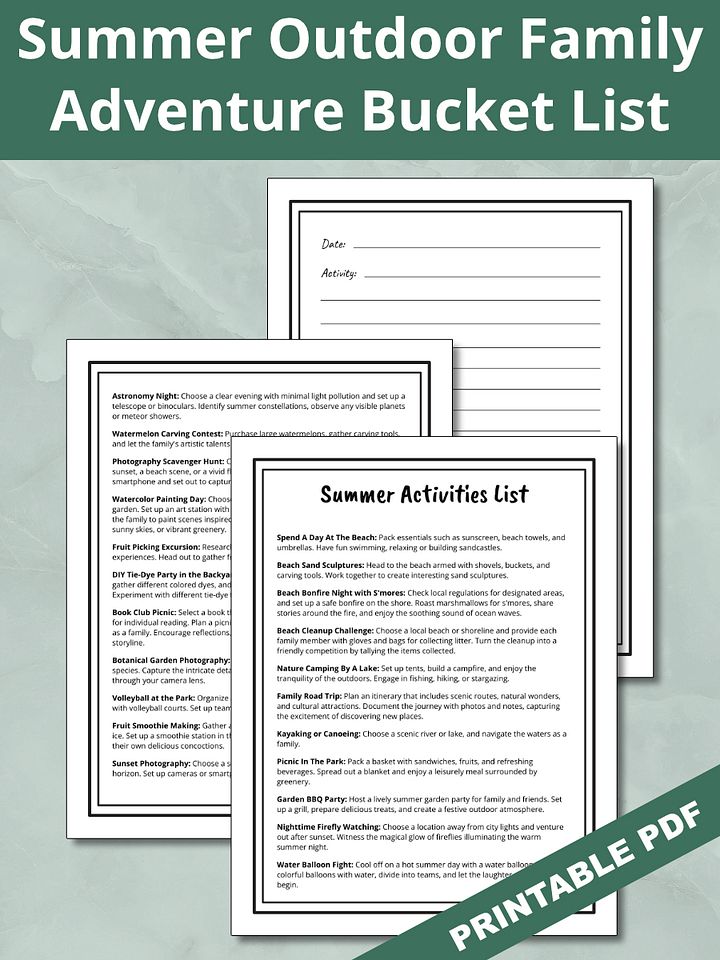 Printable Summer Outdoor Adventures Family Bucket List & Activity Log Page product image (1)