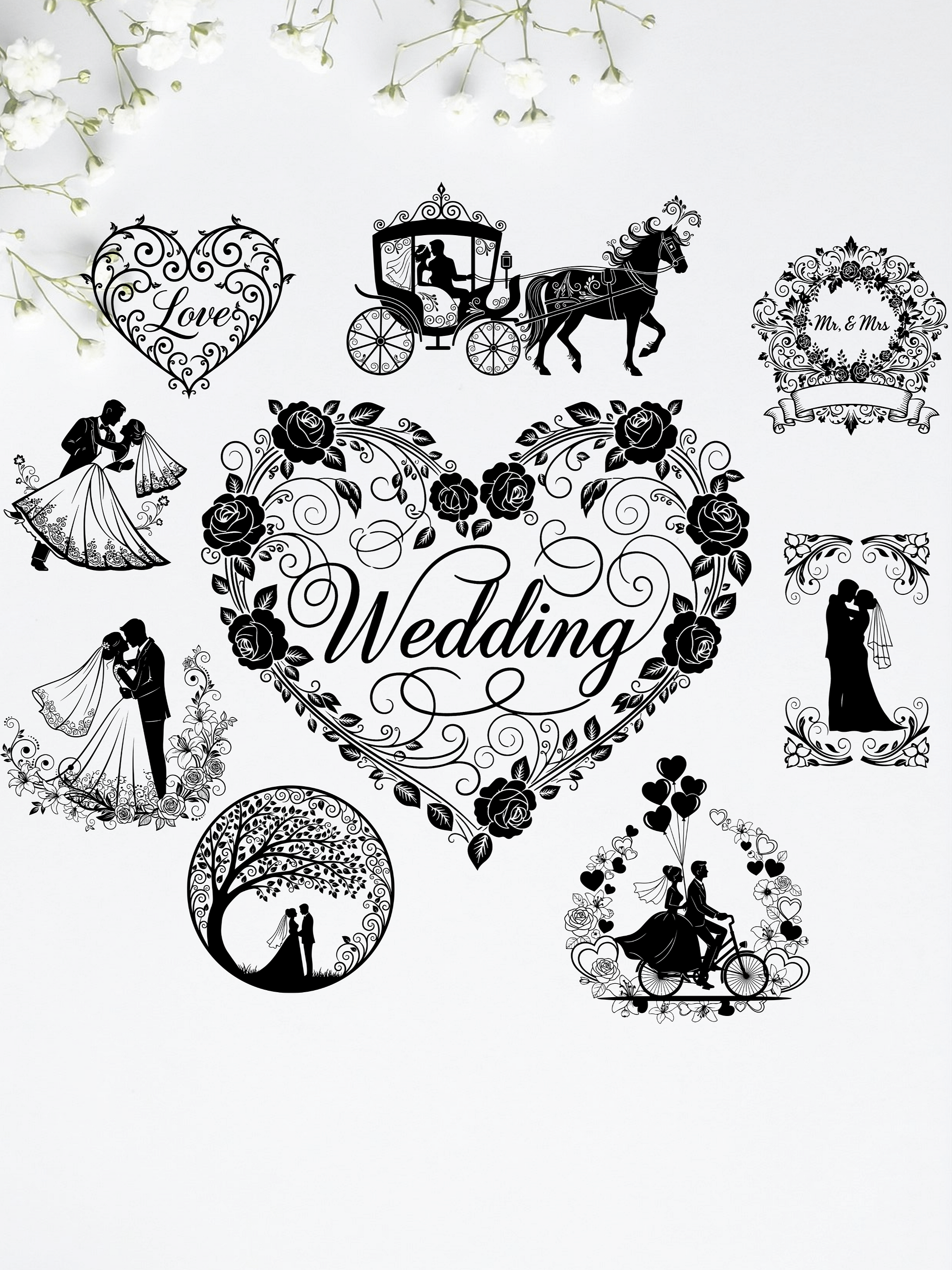 Wedding svg set, Mr and Mrs svg, family monogram designs, decorative ornaments, bride groom quotes, png files product image (2)