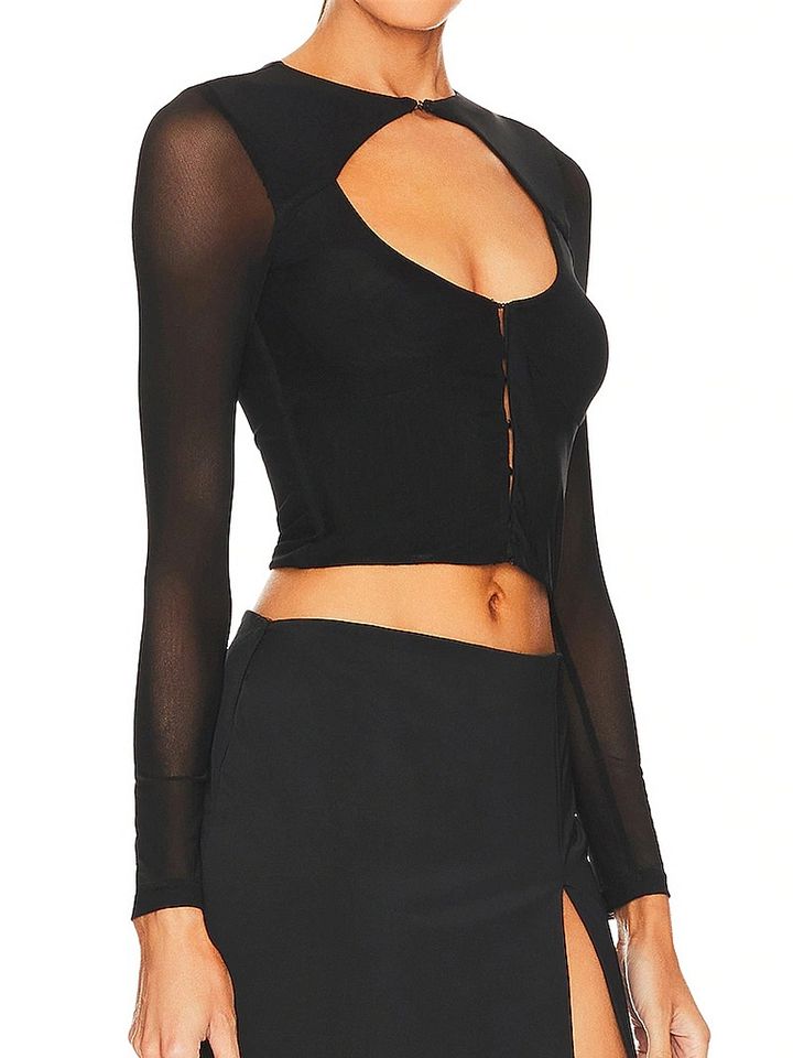 Wholesale high quality sexy slight stretch mesh stitching button hollow out crop top product image (1)