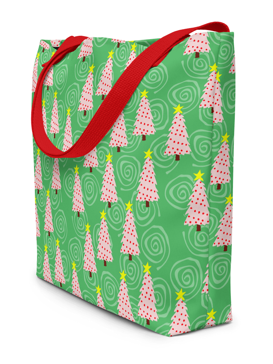 Pink Christmas Trees on Green with Swirls – Large Tote Bag product image (3)