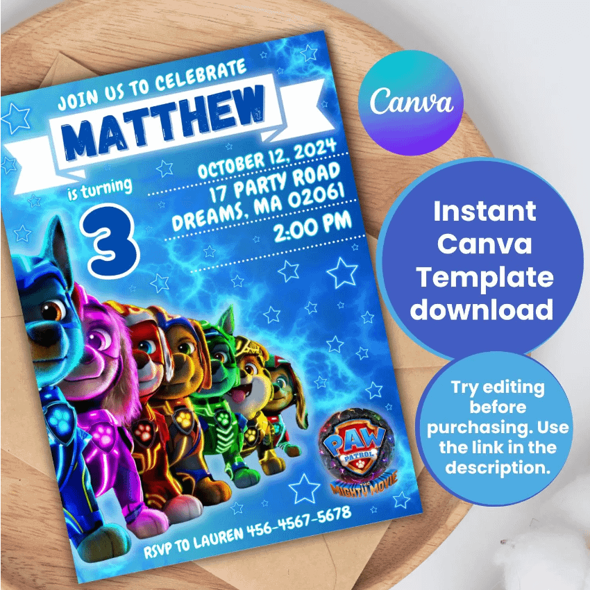 Paw Patrol The Mighty Movie Birthday Invitation - Canva - Super Paw patrol product image (1)