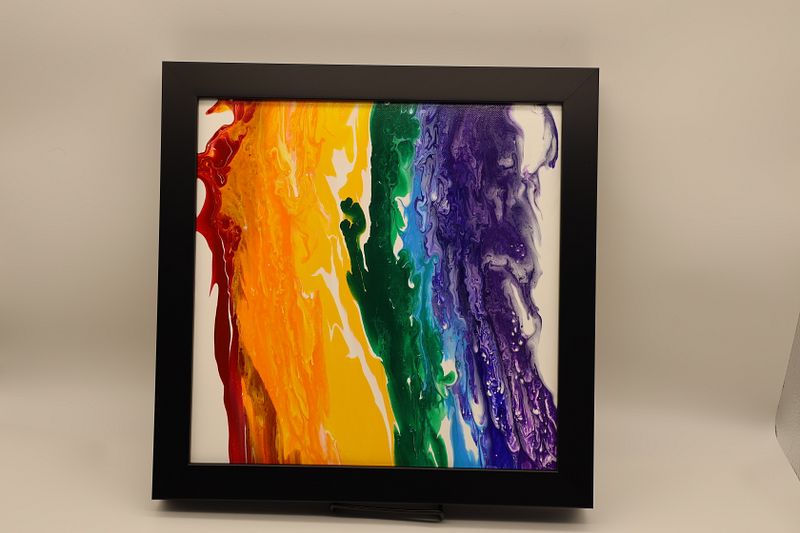 Framed Acrylic Pour Painting on 12in x 12in Canvas- Rainbow
