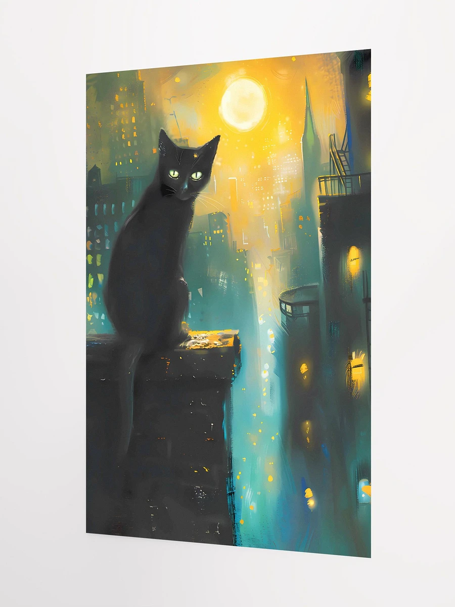 Nocturnal Watch: Black Cat Overlooking the City Lights Art Print Matte Poster product image (5)