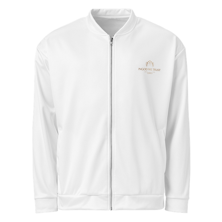 "Quiet Assurance" Bomber Jacket – Minimalist White Jacket with Embossed Faith Motif product image (1)