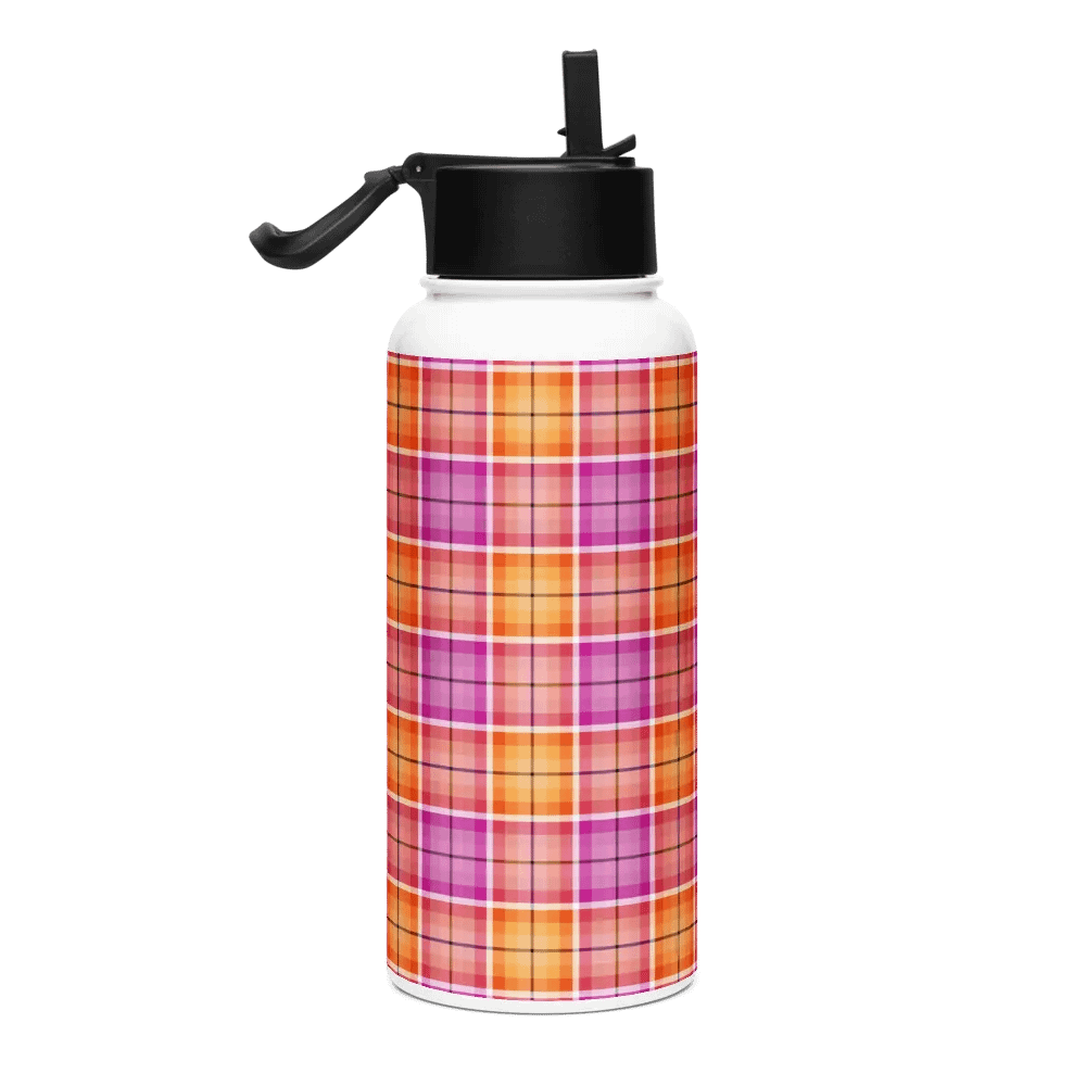 Bright Orange and Pink Plaid Water Bottle product image (1)