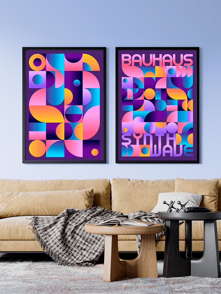 Synthwave Bauhaus Neon poster #2 (dark purple-pink) — abstract poster, retrowave print, vaporwave geometric art, 1980s print, 1930s decor product image (2)