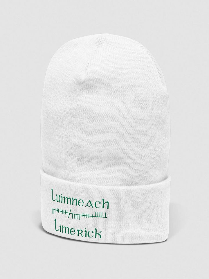 Limerick/Luimneach Orthodox Style Ogham, white with green, embroidered Cuffed Beanie product image (2)