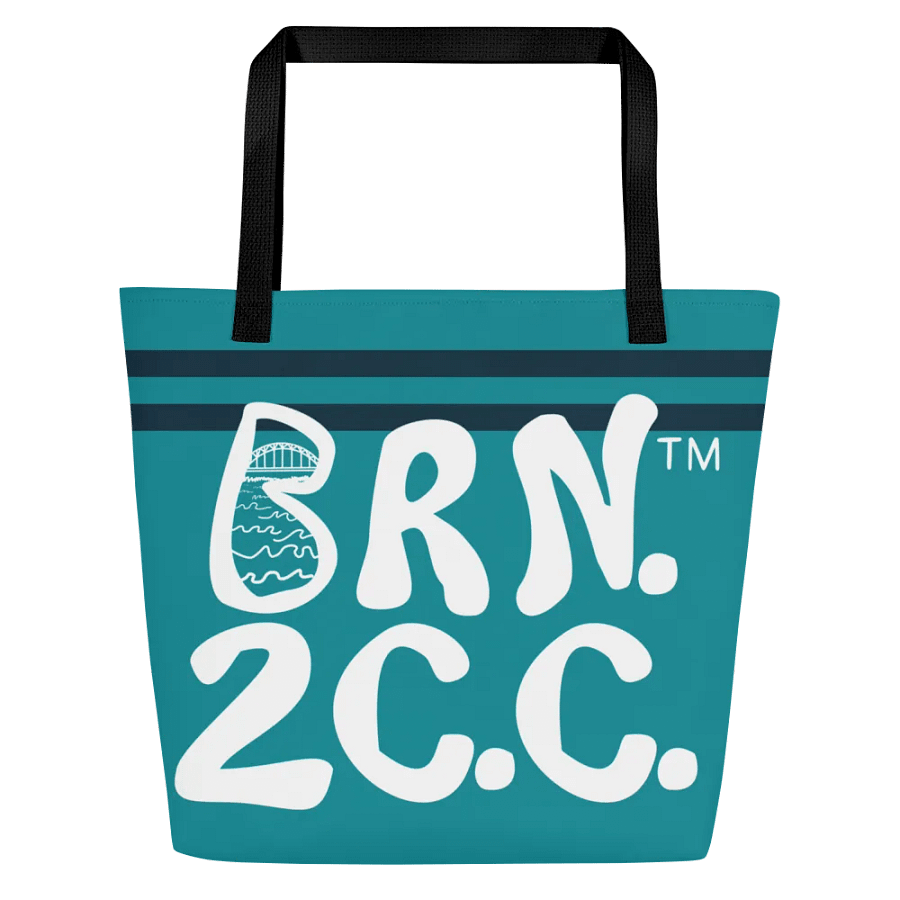 BRN.2C.C.™ | Large Tote Bag with Pocket | Coastal Classic | All-Over Logo Print | White Logo on Blue Stripes product image (3)