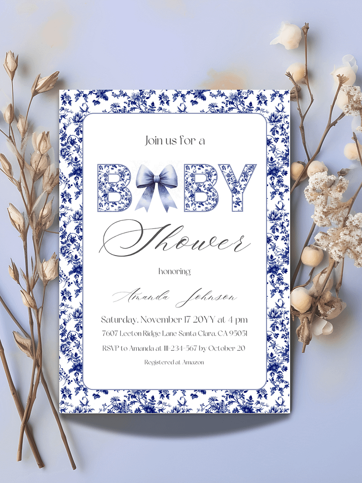 Blue Bow and Chinoiserie Baby Shower Invitation, Floral Toile de Jouy Themed Invite Boy Baby Shower Party, Digital Download product image (1)