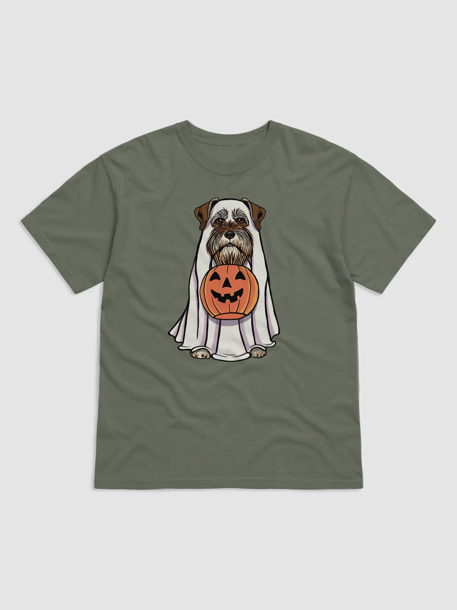 Funny Halloween Schnauzer(Liver) T-Shirt | Funny Schnauzer Wearing a Ghost Costume and Holding a Pumpkin Basket product image (8)