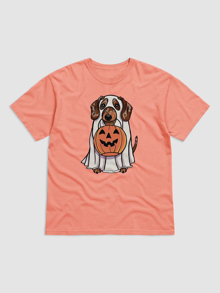 Funny Halloween Dachshund(Dapple 2) T-Shirt | Funny Doxie/Wiener Wearing a Ghost Costume and Holding a Pumpkin Basket product image (24)