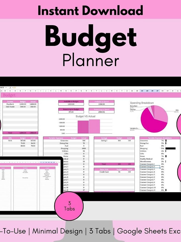 Easy Pink Budget Planner for Google Sheet Monthly Budget Spreadsheet Personal Finance Tracker Money Management Spreadsheet product image (1)