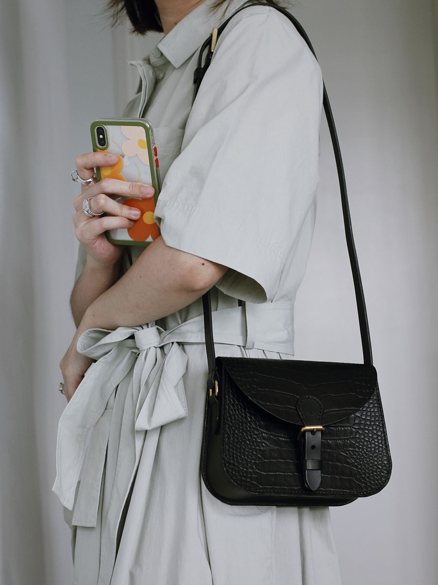 Black Croc Embossed Leather Saddle Bag – Small product image (9)