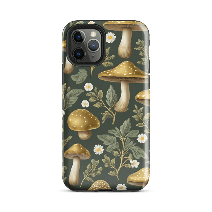 Tough Phone Case for iPhone® - Golden Mushrooms on a Dark Green Background product image (2)