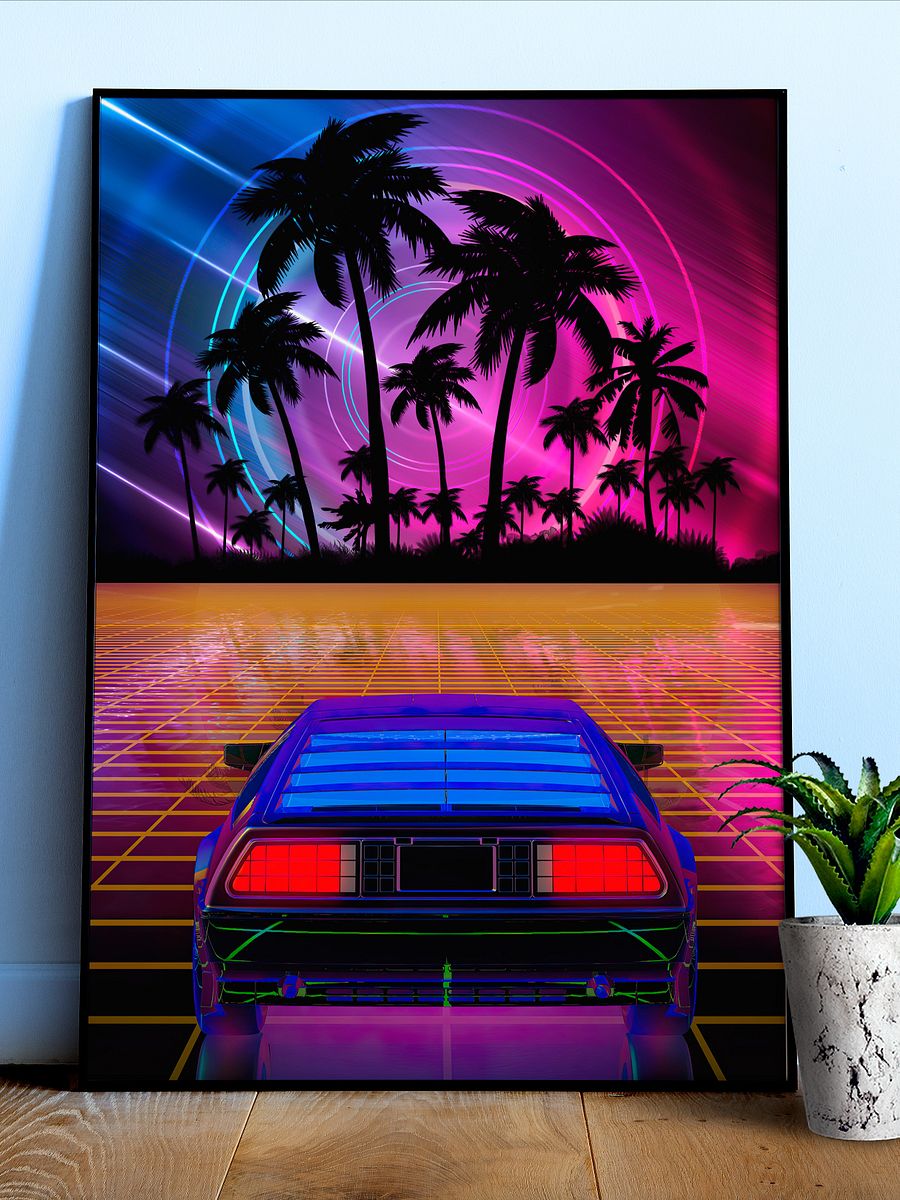 Neon landscape: Synthwave horizon & car, outrun [synthwave/vaporwave/cyberpunk] — Aesthetic retrowave poster product image (1)