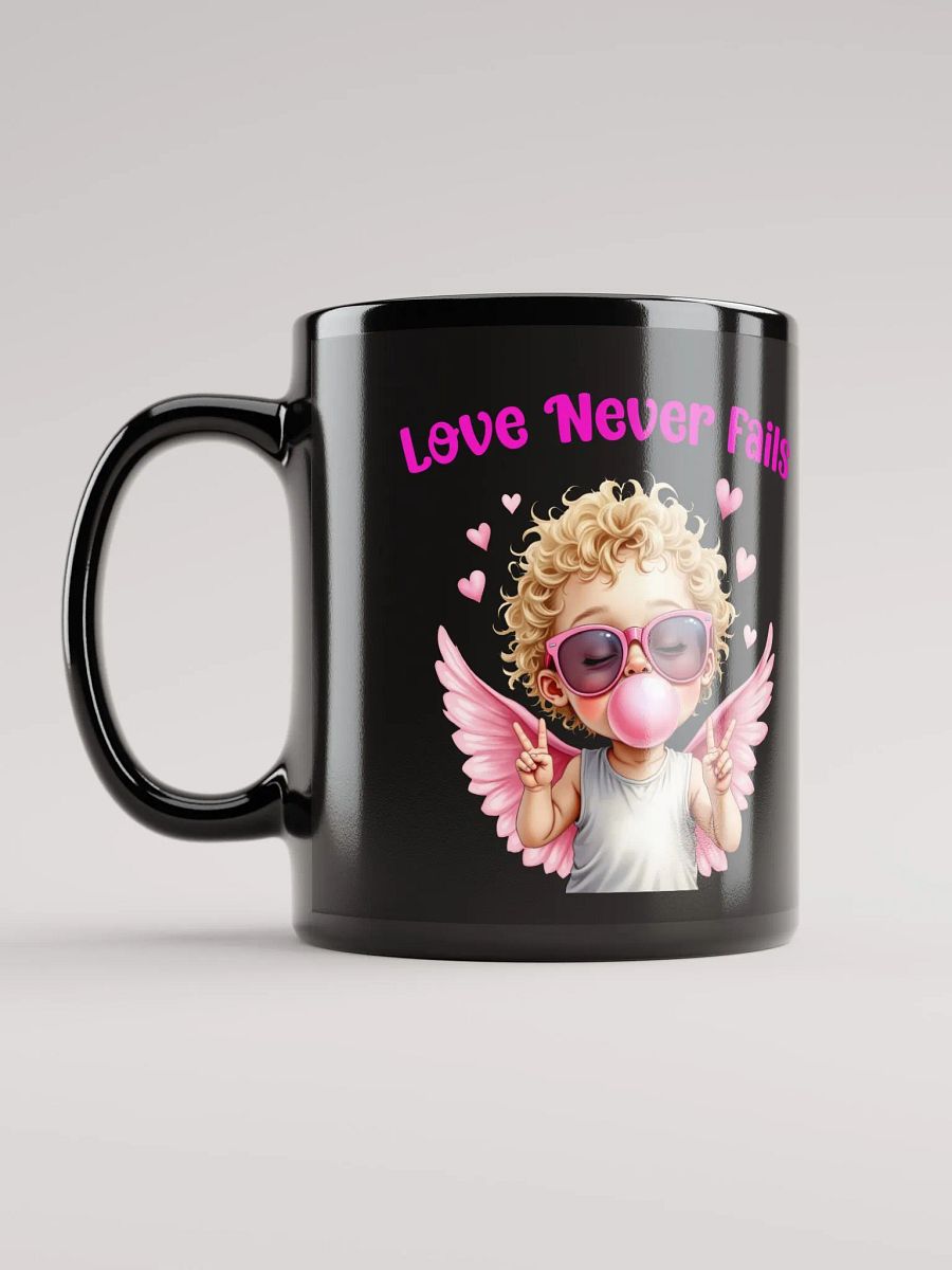 Love Never Fails Valentine Retro Cupid Valentine's Day Black Glossy Mug product image (2)
