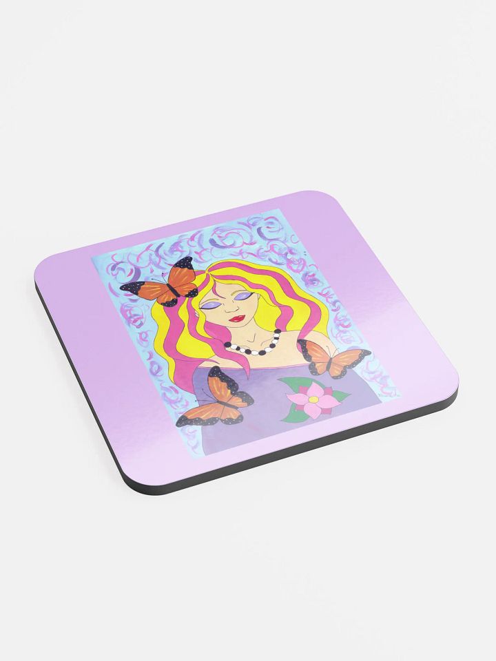 Butterfly spring woman (art by Dina R.) acrylic painting picture - Glossed Cork Coaster product image (2)