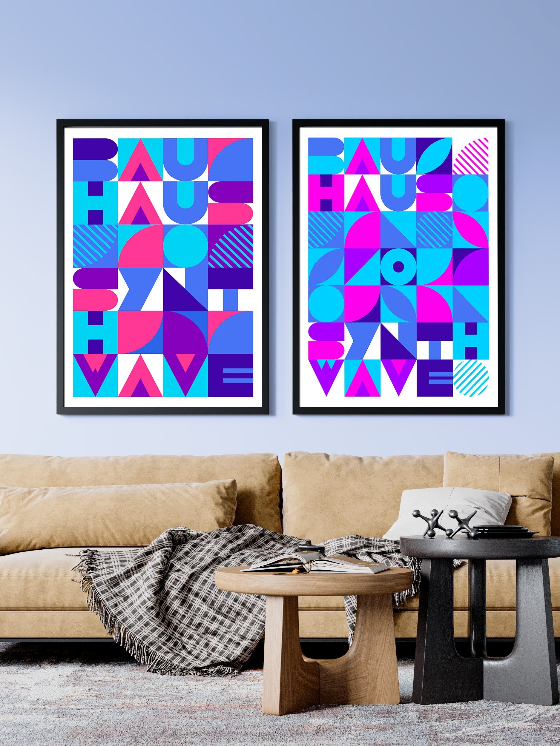Bauhaus Synthwave #3 poster (pink-blue) — abstract poster, retrowave print, vaporwave geometric art, 1980s print, 1930s wall decor product image (2)