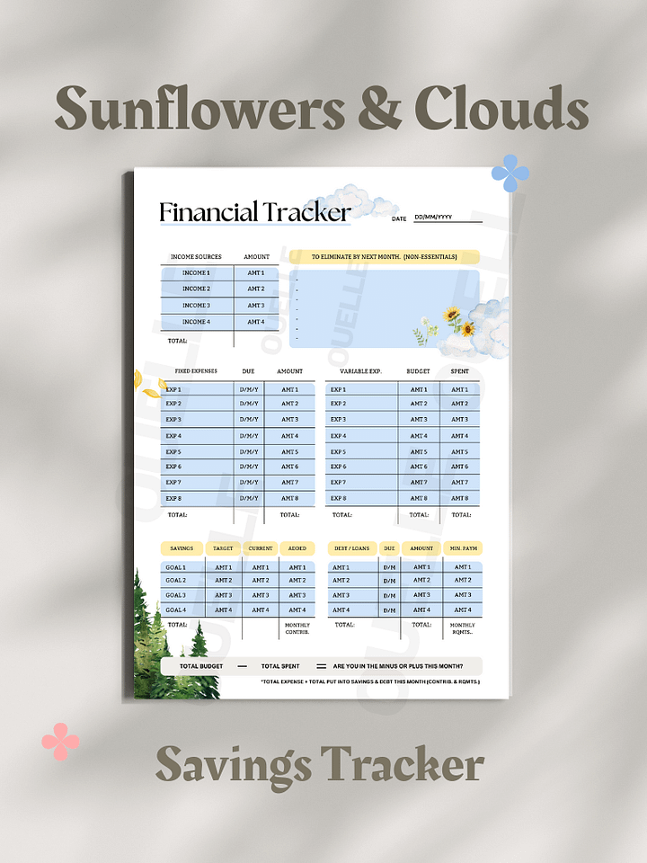 Sunflower & Clouds: Budget Planner — Printable & Digital Spreadsheet (PDF & Template) product image (1)