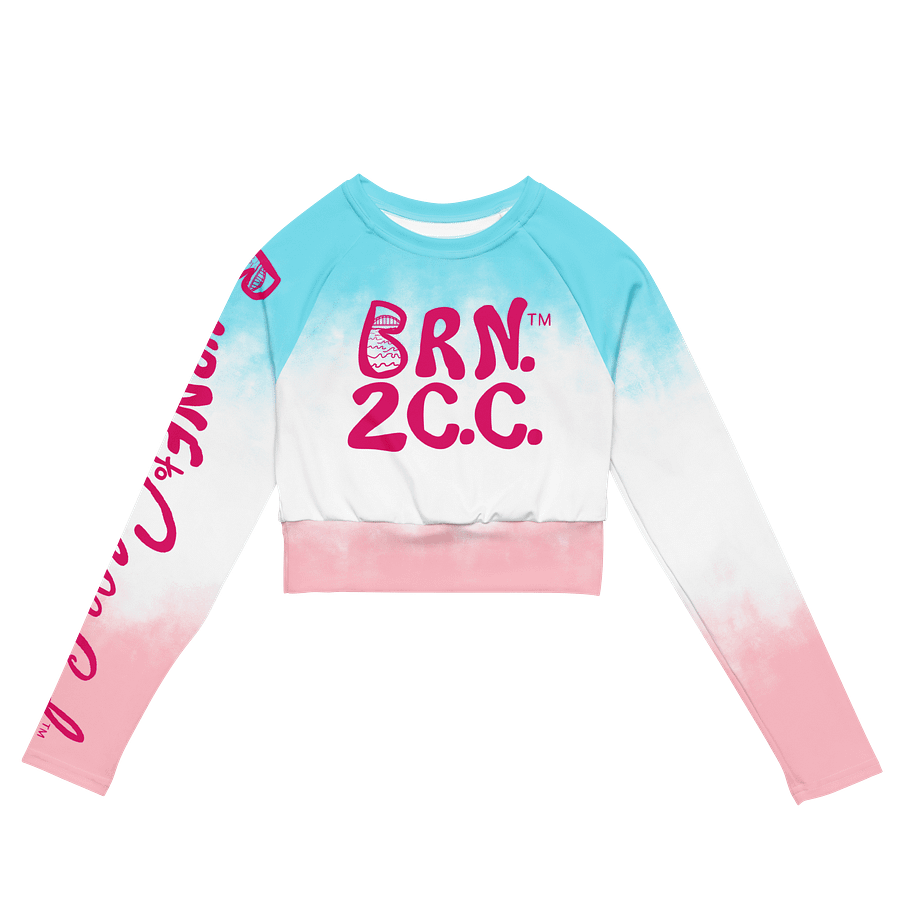 BOURNE to Cape Cod™ Crop Top | BRN.2C.C.™ Coastal Bold | Recycled Long Sleeve Statement Wear 🌊💃☀️ | Vibrant Pink Logos on Patriotic Pastels product image (1)