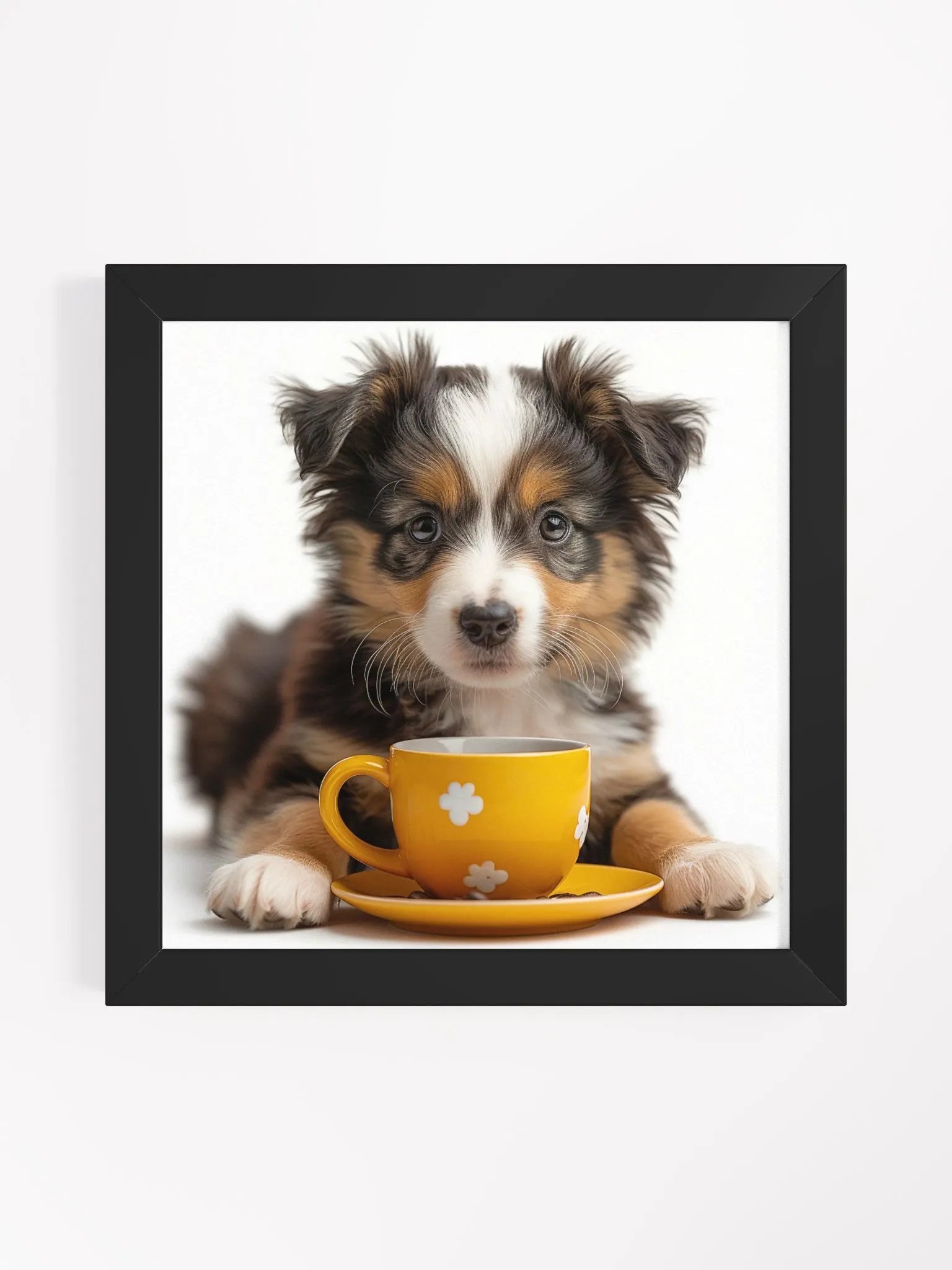 Cute Coffee Lover Austrailian Shepard Puppy Framed Wall Art product image (2)