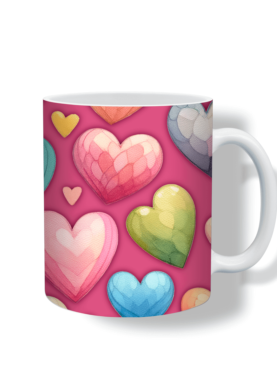 (Magenta) Colorful Hearts 11oz Coffee Mug – Cute and Romantic Love-Themed Ceramic Cup – Perfect for Valentine's Day, Anniversaries, or Daily Use product image (1)