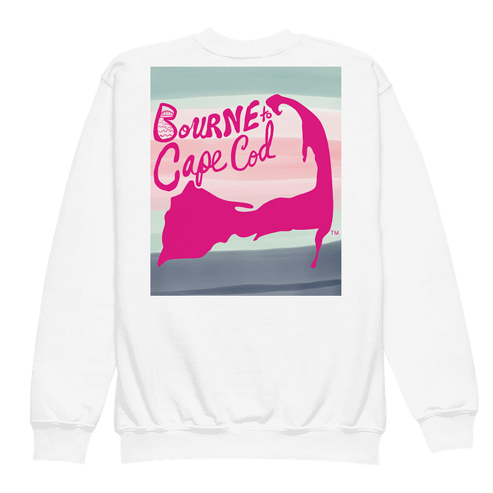 Girls' | Cape Cod Crew | DTG Vintage Print | BRN.2C.C.™ Youth Sweatshirt | BOURNE to Stand Out™ | Pink Logo on White | Horizon Stripes Graphic product image (2)