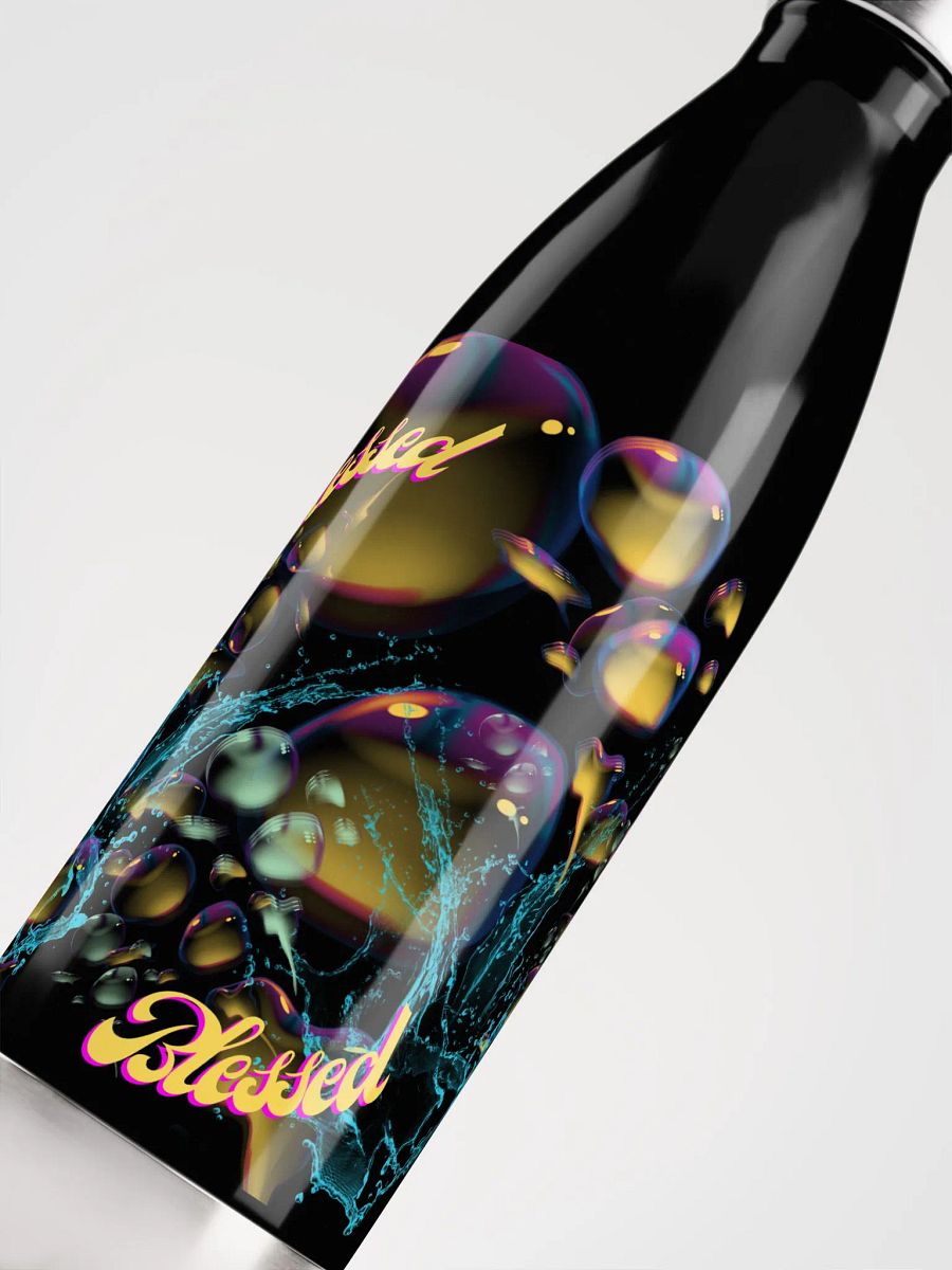 water bottle with beautiful swirly blue water splash and drops design featuring “Blessed’ product image (5)