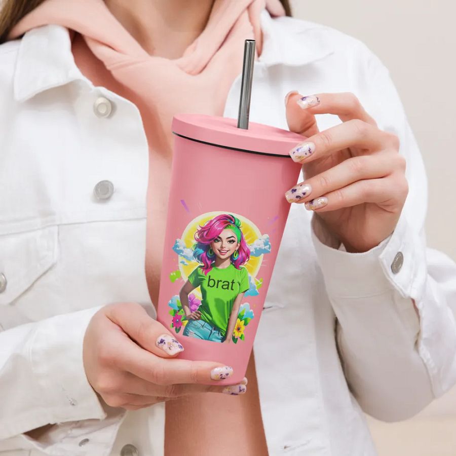 Brat 20 oz Tumbler Cup - Pink - Insulated Tumbler with a Straw v5 product image (2)