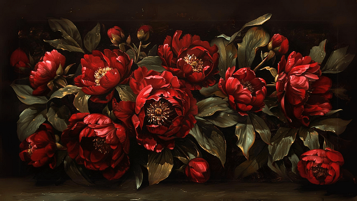 Vintage Red Pionies Painting Vintage - No Frame, Digital Download product image (1)