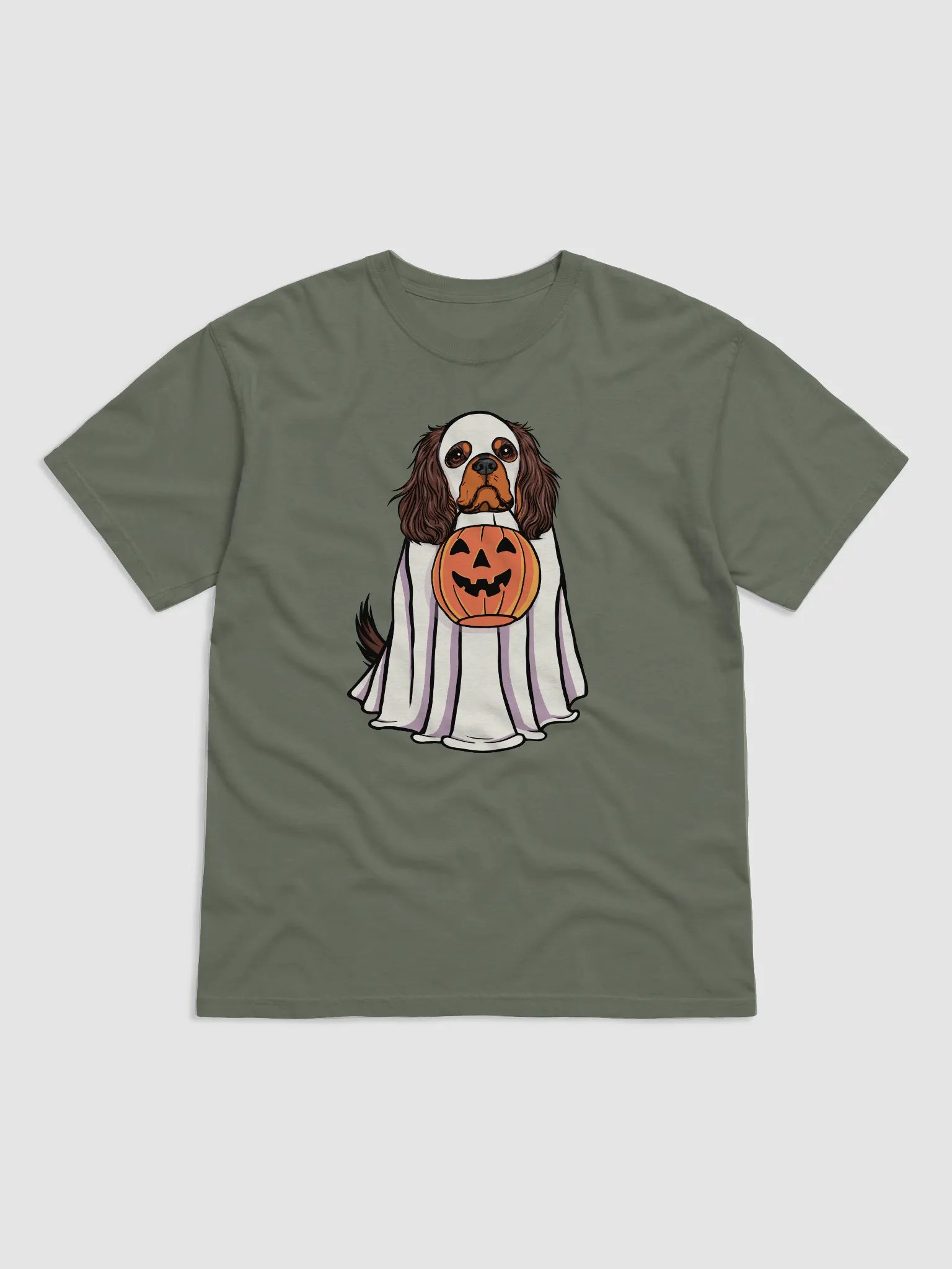 Funny Halloween Cavalier King Charles Spaniel(Brown & Tan) T-Shirt | Funny Cavalier Wearing a Ghost Costume and Holding a Pumpkin Basket product image (8)