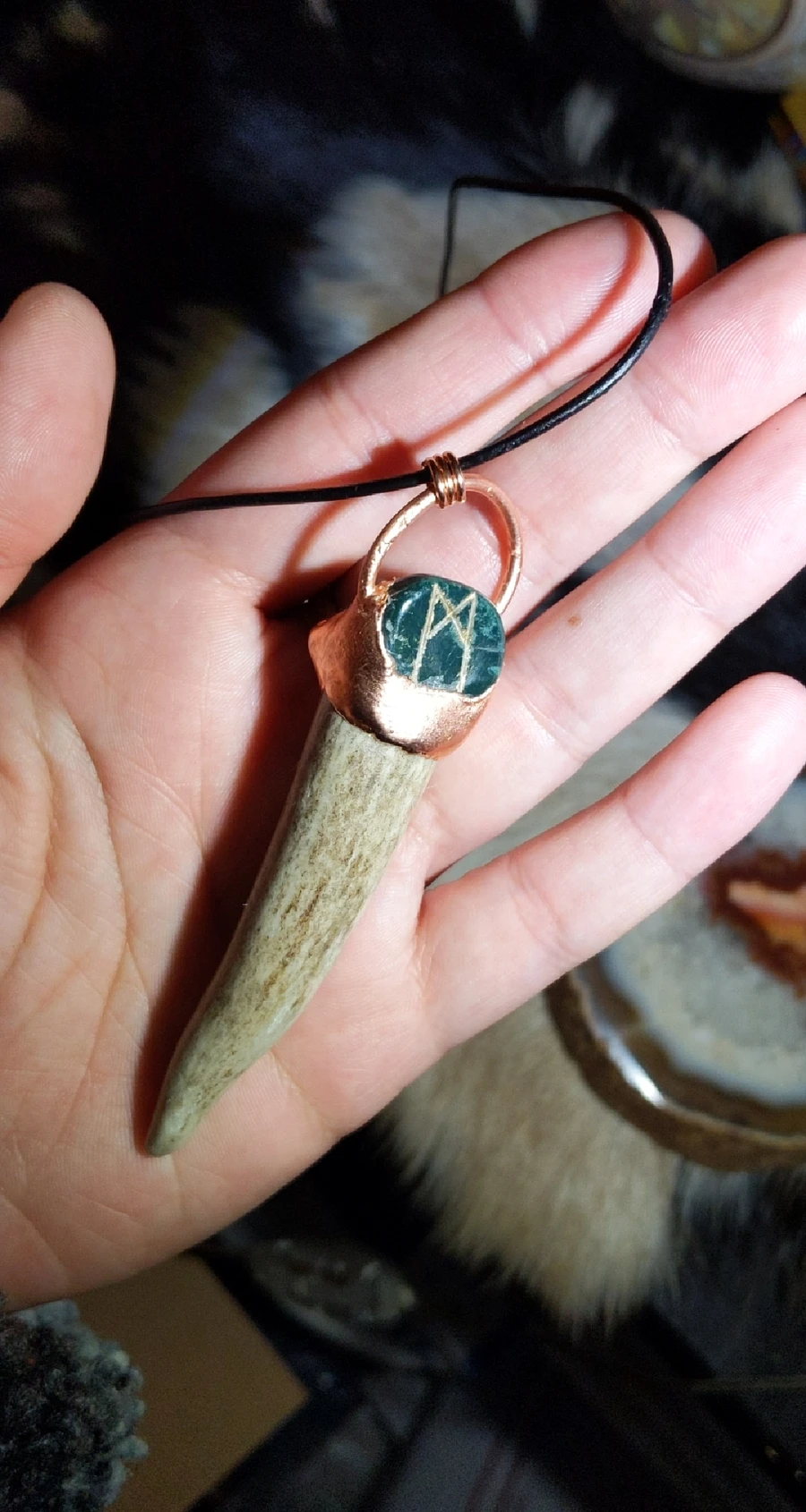 Bloodstone Mannuz Rune, Deer Horn & Octagonal Fluorite Necklace product image (3)