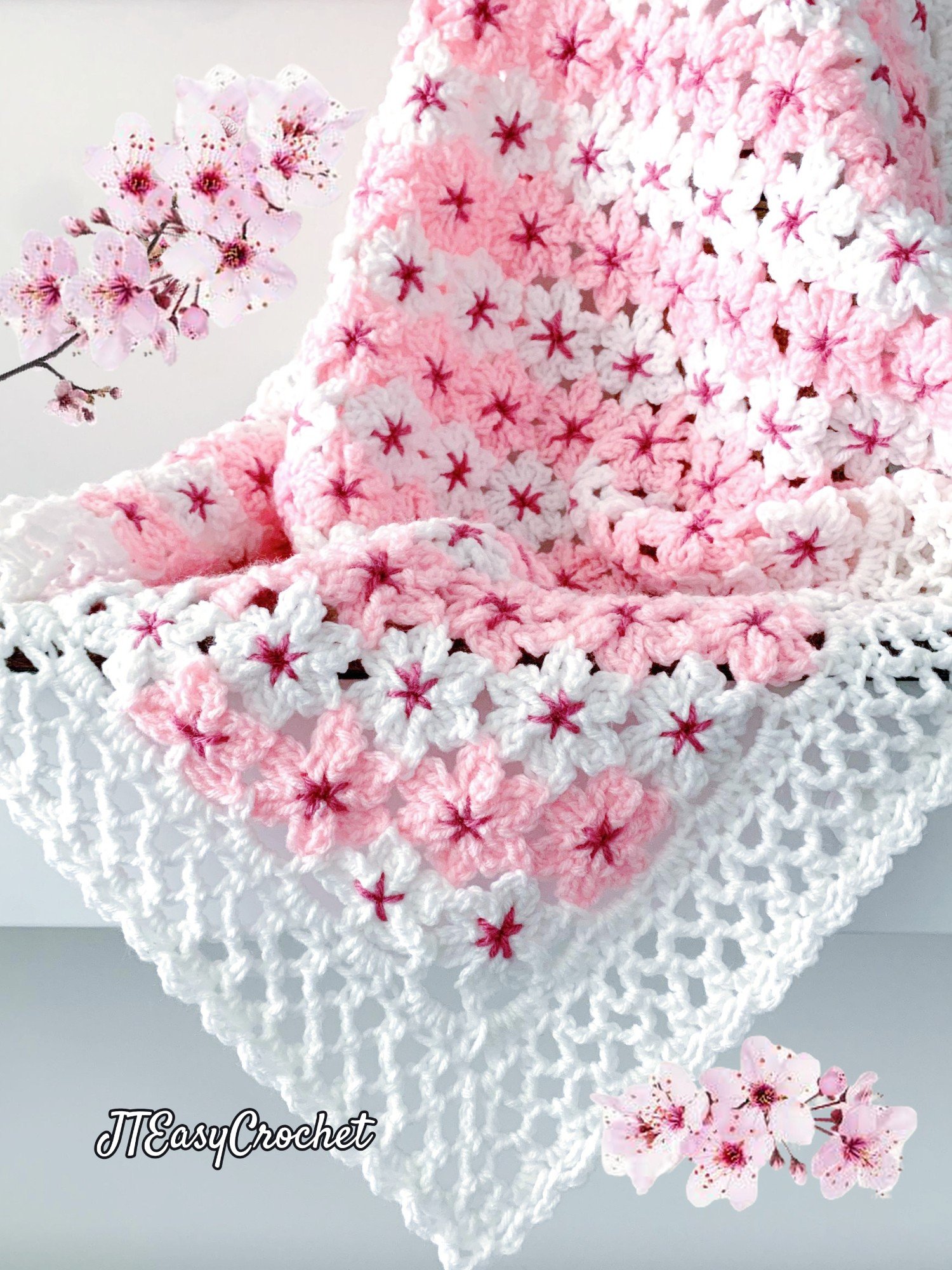 Cherry Blossom Flower Baby Blanket, Sakura Flower Motif Crochet Pattern for Floral Throw Blanket product image (1)