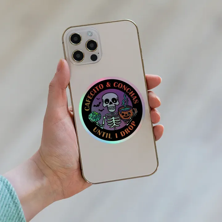 Cafecito and Conchas Halloween Skeleton Holographic Circle Sticker product image (2)