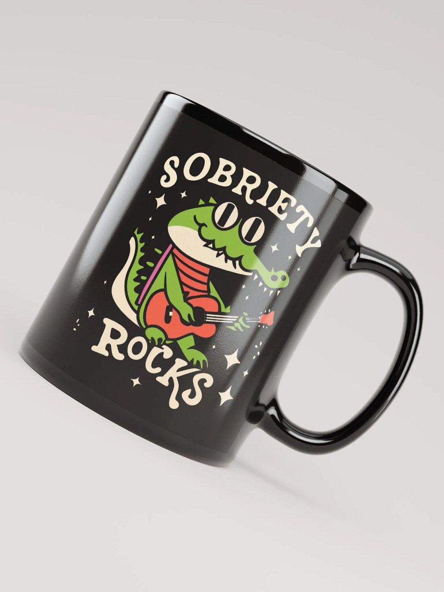 Sobriety Rocks Retro Crocodile Playing Guitar Black Mug product image (4)