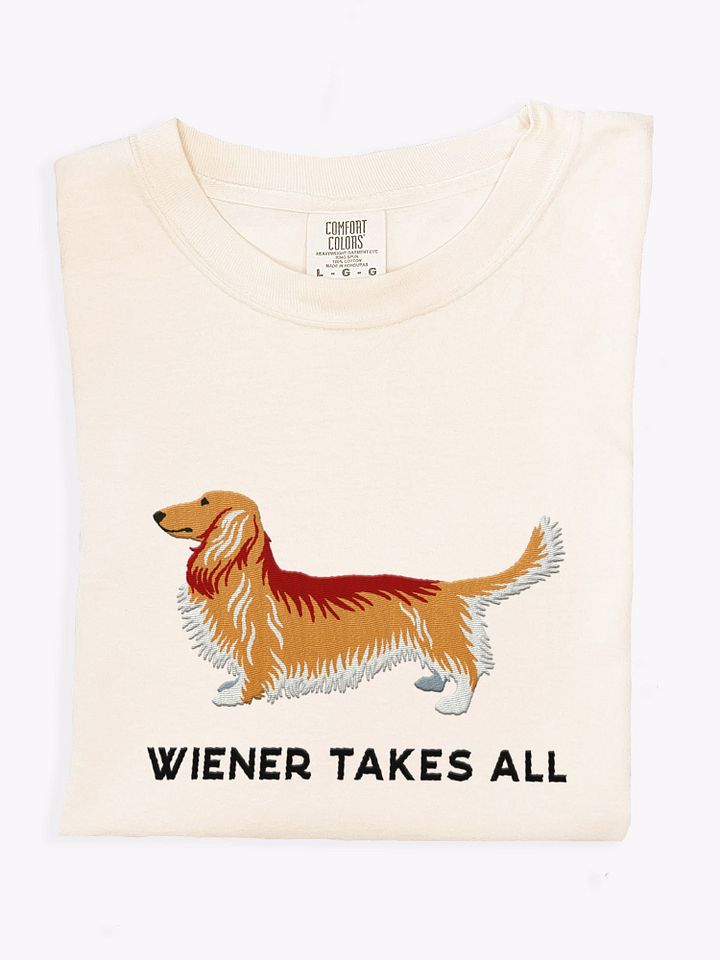 Wiener Takes All T-Shirt(Embroidered) of a Longhaired Dachshund(Fawn) product image (1)