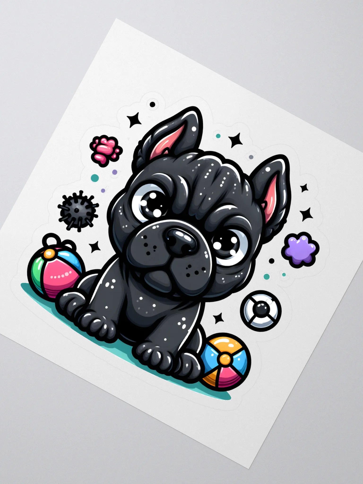 Playful Black Cane Corso Sticker – Surrounded by Toys Design product image (2)
