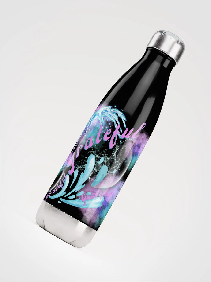 water bottle with beautiful swirly blue water splash and drops design featuring “Grateful’ product image (4)