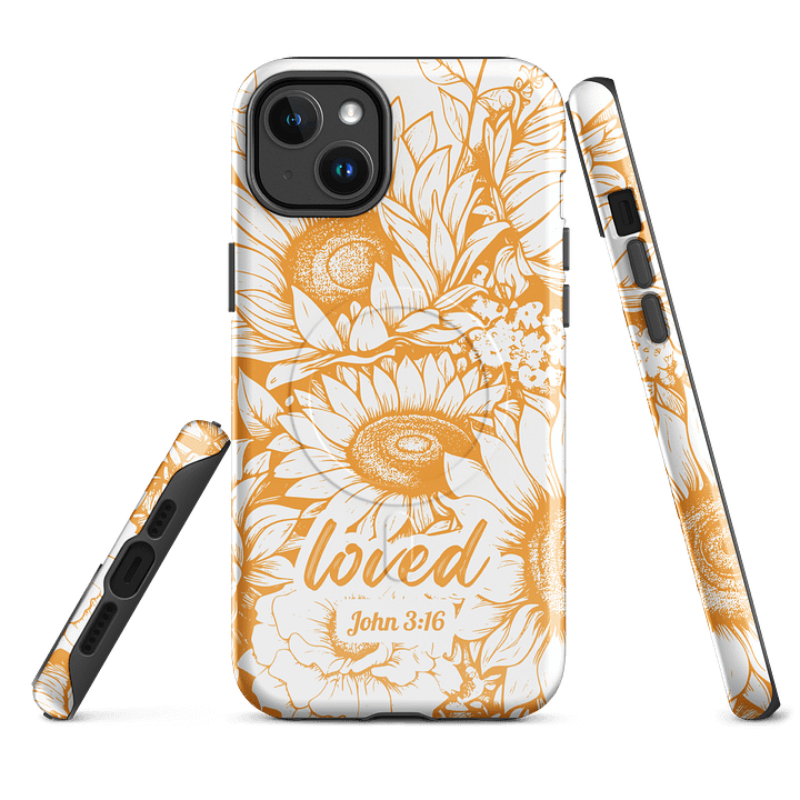 Loved John 3:16, Inspirational Gift, Tough iPhone Magnetic Case Scripture, Sunflower Bible Verse, MagSafe® iPhone® Tough Case, iPhone 14, iPhone 15, iPhone 16, Pro, Pro Max, Plus product image (1)
