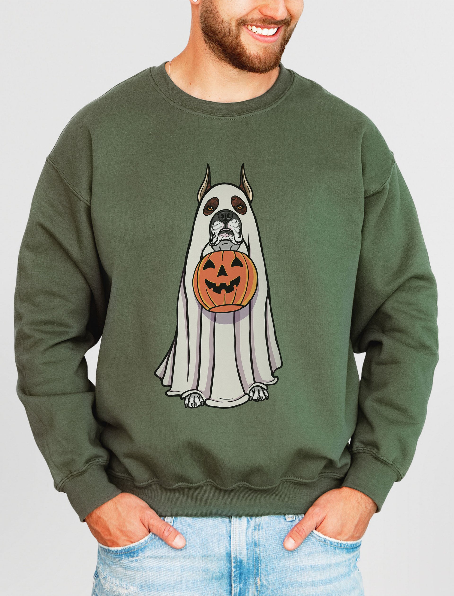 Funny Halloween Boxer Dog(Brindle, Cropped Ears) Sweatshirt | Funny Boxer Wearing a Ghost Costume and Holding a Pumpkin Basket product image (1)