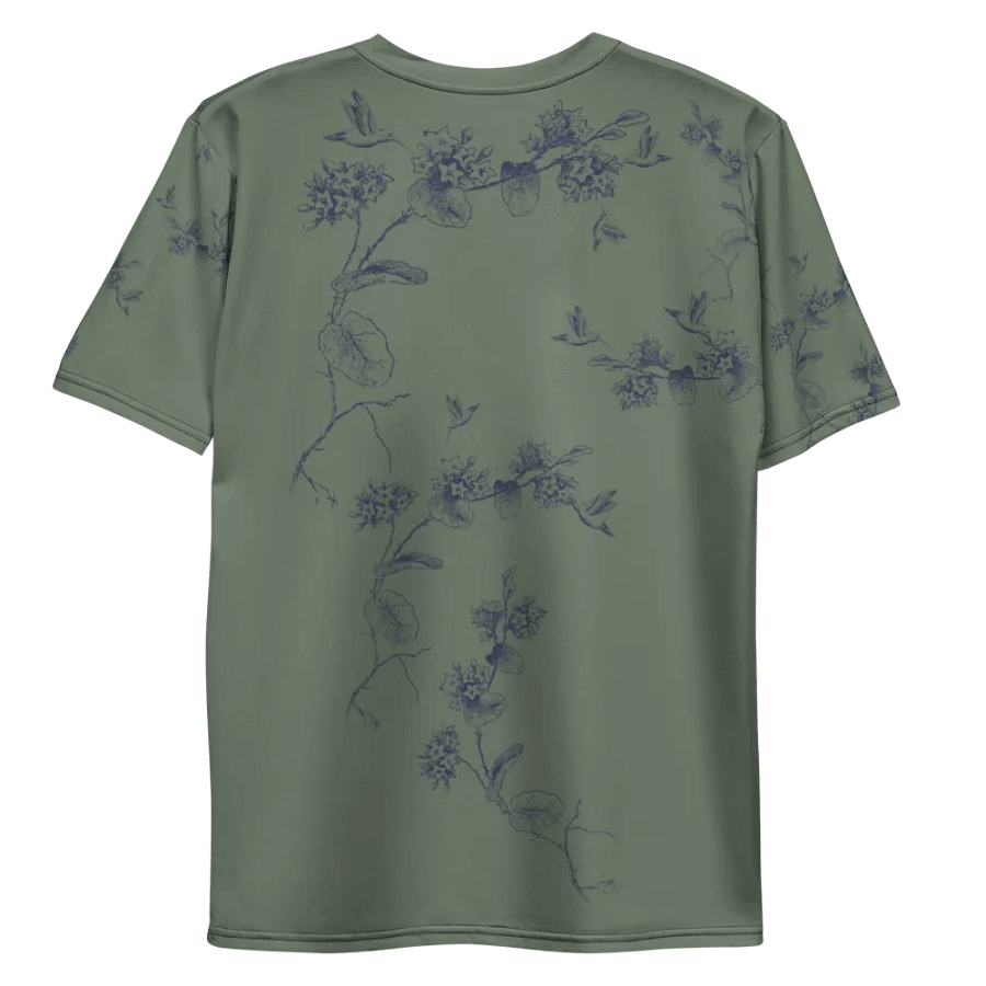 olive green all  over printed unisex T shirt with humming bird design. Outdoors vibe ideal for the person who enjoys birding. product image (9)