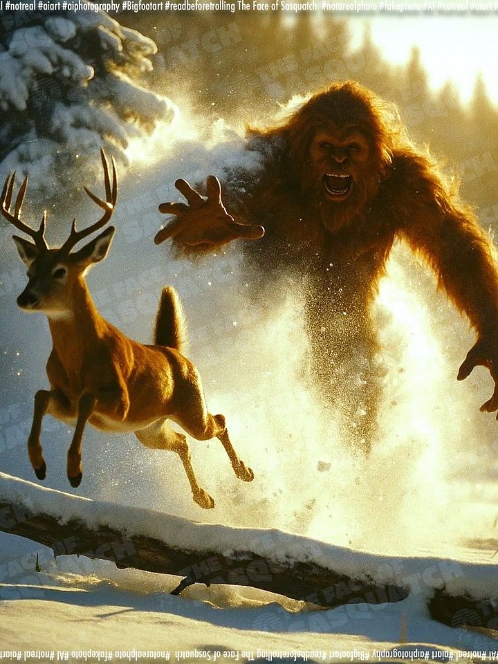 "Red Devil Ambush – Bigfoot vs. Whitetail" | Legendary Cryptid Encounter Art Print product image (1)