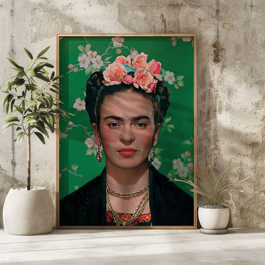 Frida Kahlo Portrait Photo in front of Green Floral Background product image (9)