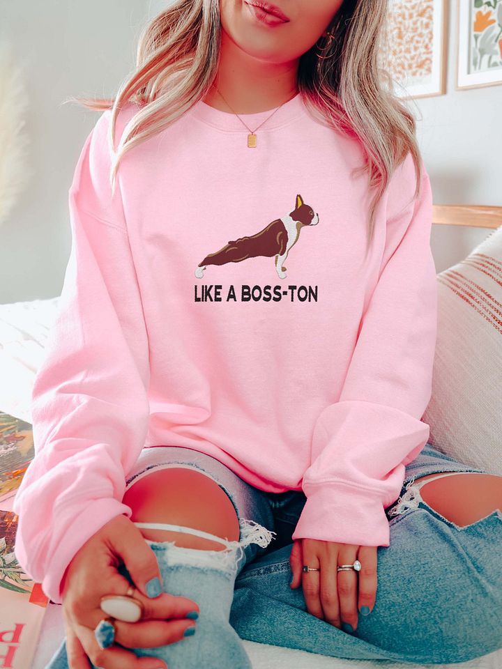 Like a Boss-ton Sweatshirt (Embroidered) of a Boston Terrier(Brown) product image (2)