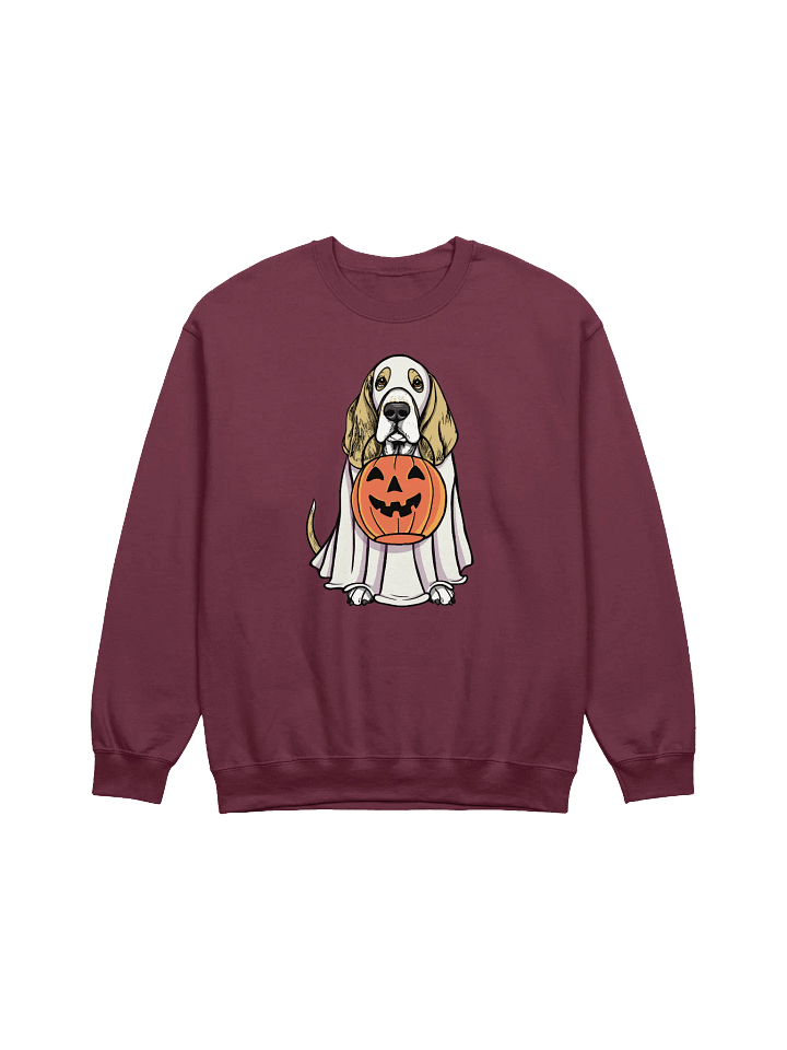 Funny Halloween Basset Hound(Lemon) Sweatshirt | Funny Basset Hound Wearing a Ghost Costume and Holding a Pumpkin Basket product image (1)